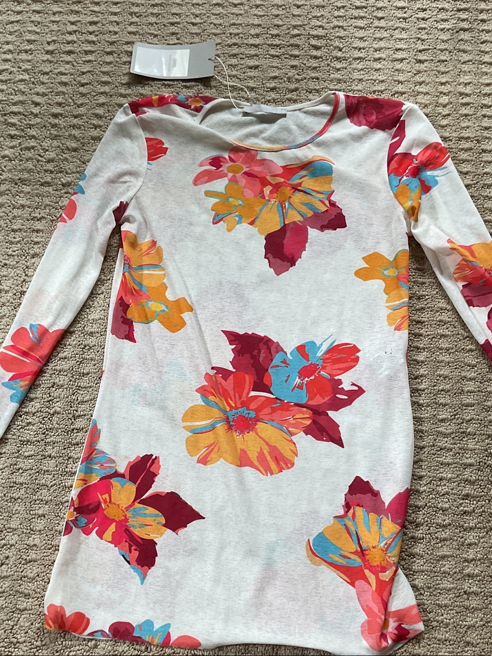 Zara White Long Sleeve Tee with Bright Floral Print